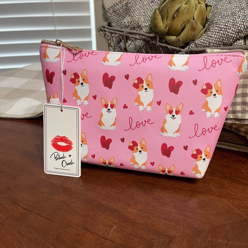 Blush Crush Corgi Cosmetic Bag NWT vegan